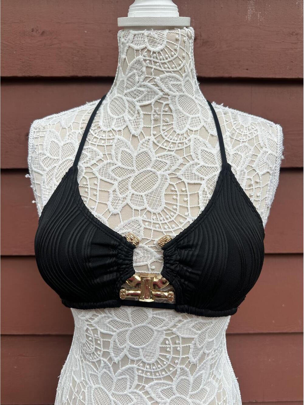 NWT ZAFUL Black Lace Trim Halter Bikini Top with Gold Detail Y2K Fairycore Swim